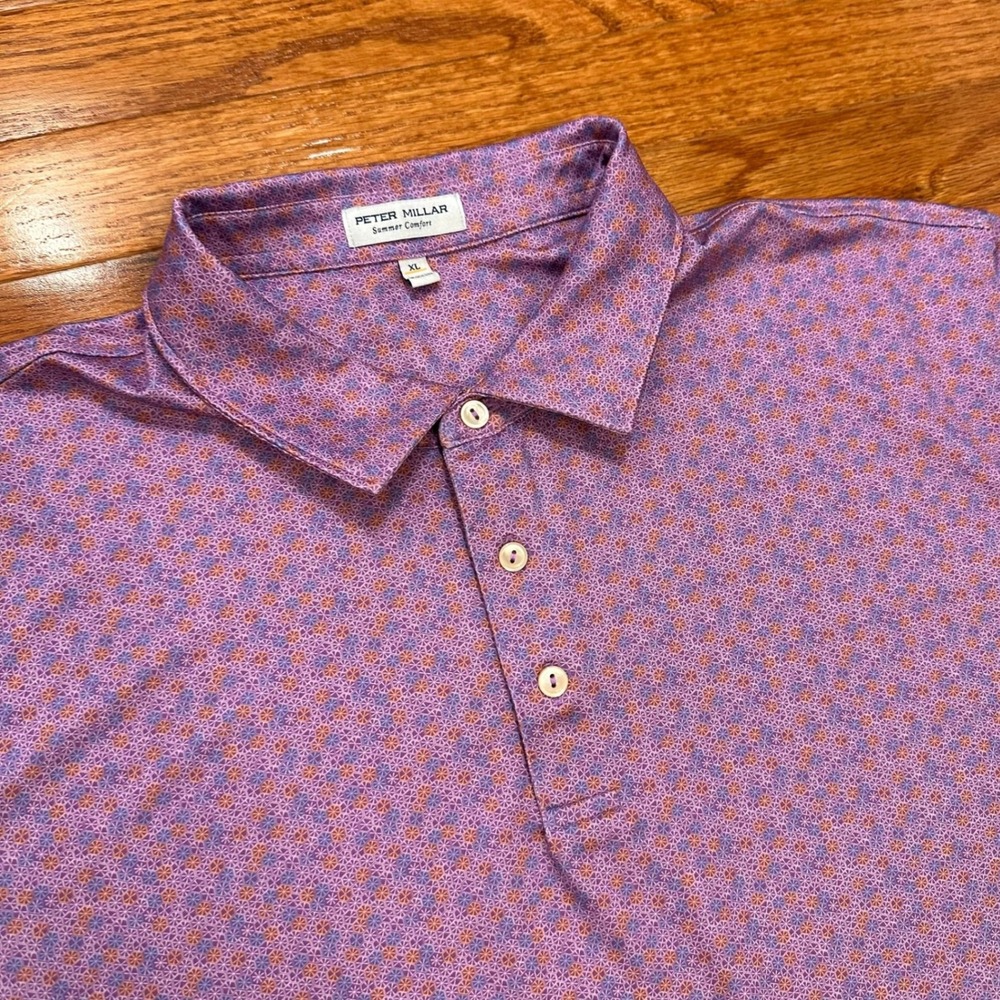 Peter Millar Summer Comfort Golf Polo Shirt Mens XL Purple Geometric Vibrant AOP